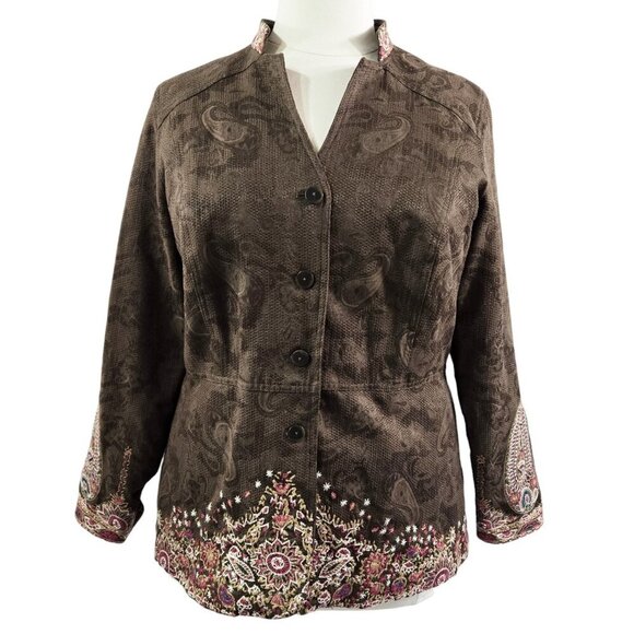 Coldwater Creek Brown Paisley Embroidered Trim Button-Up Jacket Boho Whimsical - Picture 1 of 10